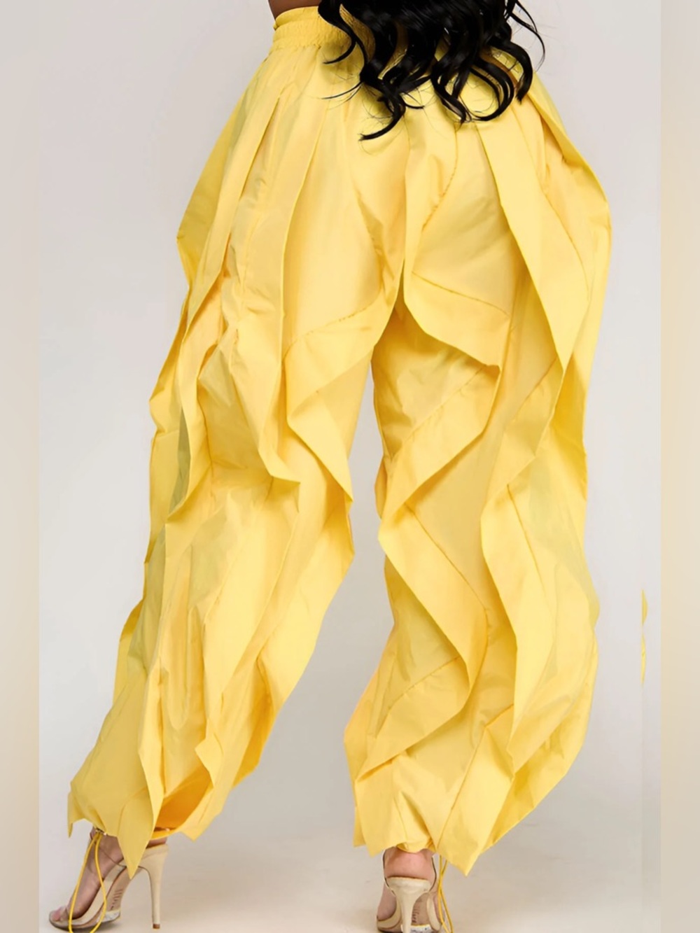 Yellow Ruffle Wide-Leg Wavy Drawstring Pants - Picture 4 of 16